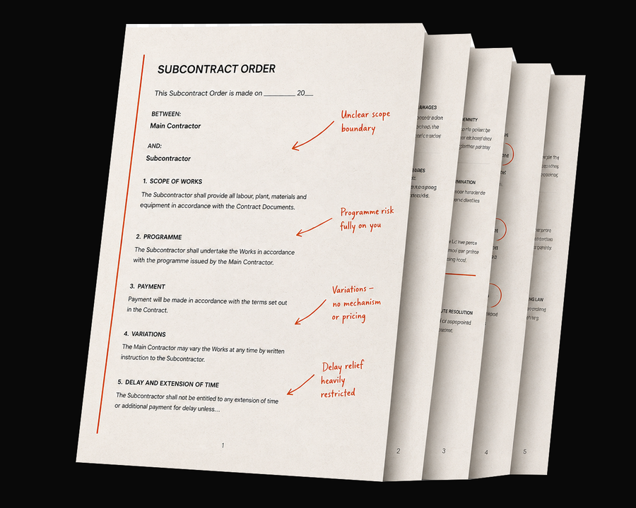 Annotated subcontract showing commercial risks